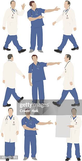 ilustraciones, imágenes clip art, dibujos animados e iconos de stock de varias imágenes de un médico en diferentes poses - bata de laboratorio