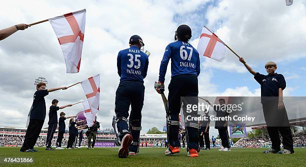 Alex Hales and Jason Roy of England walk out to bat ahead of the 1st ODI Royal London One-Day match between England and New Zealand at Edgbaston on...