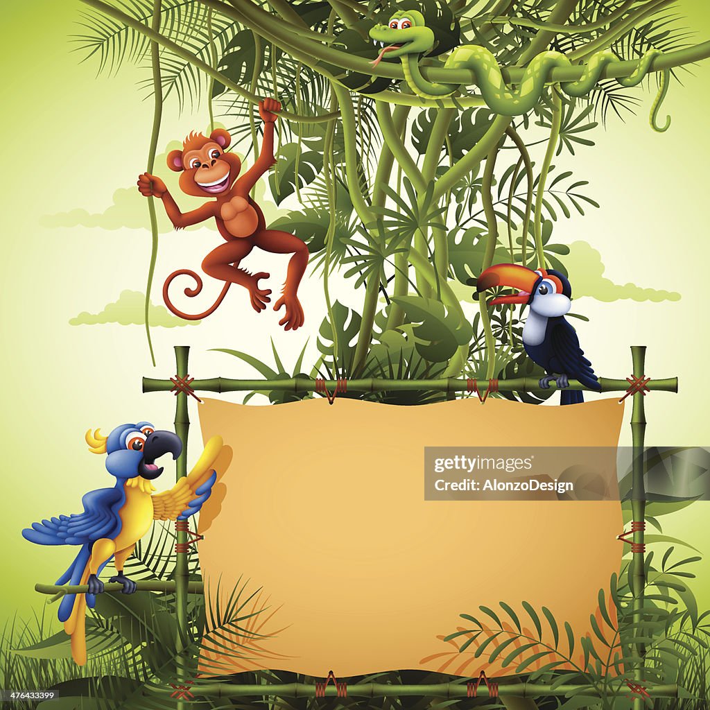 Rainforest with Banners and Wild Animals