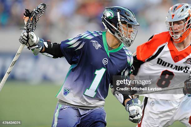 Joe Walters of the Chesapeake Bayhawks with the ball during a MLL lacrosse game against the Denver Outlaws at Navy-Marine Corps Memorial Stadium on...