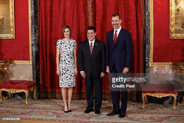 King Felipe VI of Spain and Queen Letizia of Spain receive President of Paraguay Horacio Manuel Cartes Jara at the Royal Palace on June 9, 2015 in...
