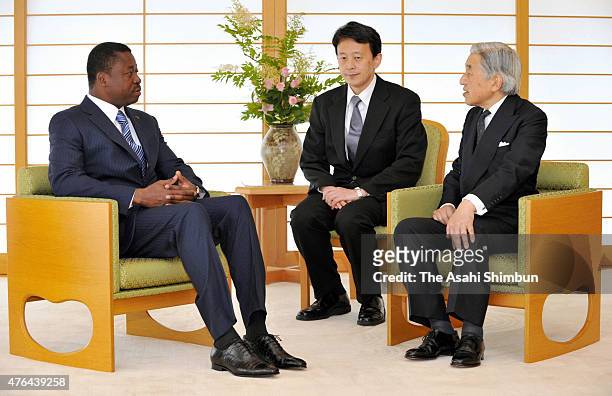 Emperor Akihito and Togo President Faure Essozimna Gnassingbe talk during their meeting at the Imperial Palace on June 9, 2011 in Tokyo, Japan.