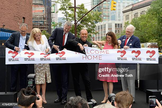 Scott Bruckner, Blaine Trump, Mayor Bill de Blasio, Michael Kors, Karen Pearl and Michael Sennott cut the ribbon during the celebration of God's Love...