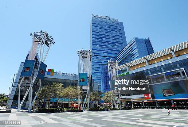 In this handout photo provided by AEG/Microsoft Theater, A general view of the exterior at Microsoft Theater after new signage is installed on June...