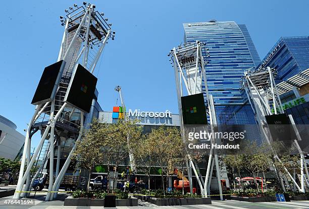 In this handout photo provided by AEG/Microsoft Theater, A general view of the exterior at Microsoft Theater as new signage is installed on June 9,...