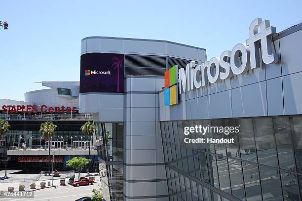 In this handout photo provided by AEG/Microsoft Theater, A general view of the exterior at Microsoft Theater after new signage is installed on June...