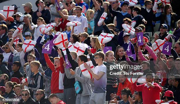 Young fans enjoy another boundary during the 1st Royal London One Day international between England and New Zealand at Edgbaston on June 9, 2015 in...