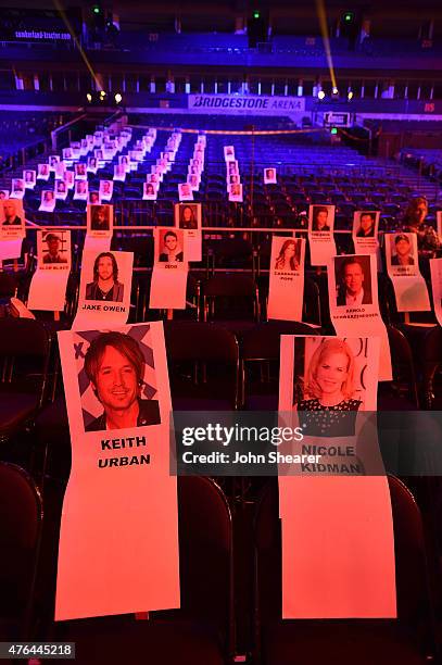 View of the seat cards at the 2015 CMT Music Awards Press Preview Day at Bridgestone Arena on June 9, 2015 in Nashville, Tennessee.