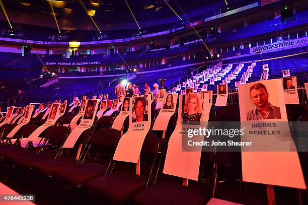 View of the seat cards at the 2015 CMT Music Awards Press Preview Day at Bridgestone Arena on June 9, 2015 in Nashville, Tennessee.