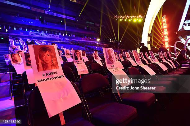 View of the seat cards at the 2015 CMT Music Awards Press Preview Day at Bridgestone Arena on June 9, 2015 in Nashville, Tennessee.