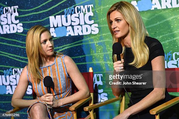 Actress Brittany Snow, and sportscaster Erin Andrews are interviewed at the 2015 CMT Music Awards Press Preview Day at Bridgestone Arena on June 9,...