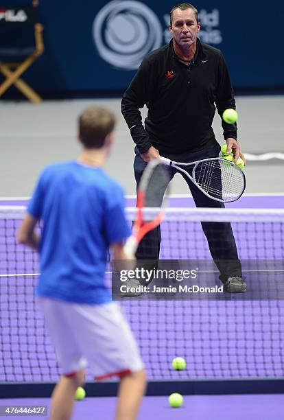 Ivan Lendl gives advice during a tennis clinic during the World Tennis Day London Showdown press conference at the Athenaeum Hotel at Piccadilly on...