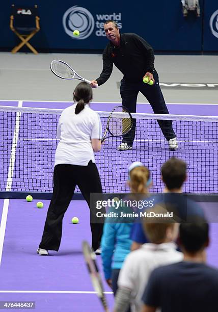 Ivan Lendl gives advice during a tennis clinic during the World Tennis Day London Showdown press conference at the Athenaeum Hotel at Piccadilly on...