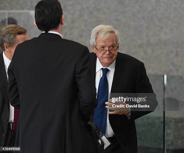 Former Republican Speaker of the House Dennis Hastert arrives for his arraignment at the Dirksen Federal Courthouse on June 9, 2015 in Chicago,...