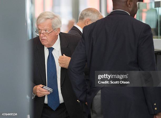 Former Republican Speaker of the House Dennis Hastert arrives for his arraignment at the Dirksen Federal Courthouse on June 9, 2015 in Chicago,...