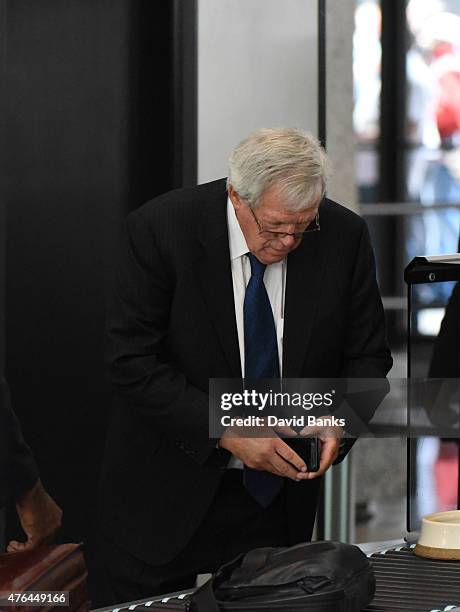 Former Republican Speaker of the House Dennis Hastert arrives for his arraignment at the Dirksen Federal Courthouse on June 9, 2015 in Chicago,...