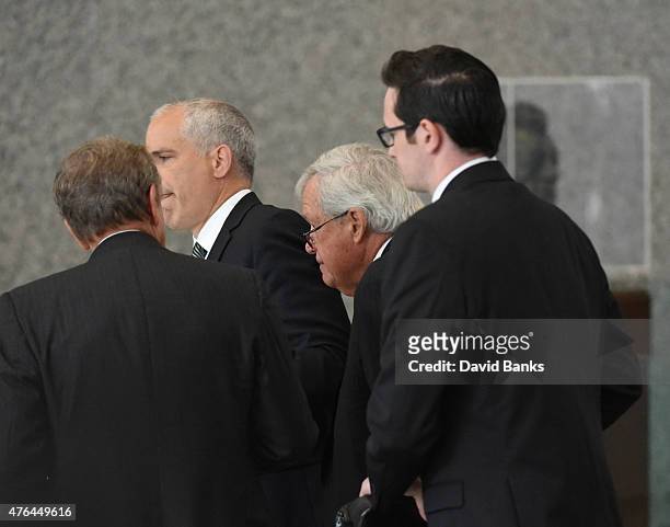 Former Republican Speaker of the House Dennis Hastert arrives for his arraignment at the Dirksen Federal Courthouse on June 9, 2015 in Chicago,...