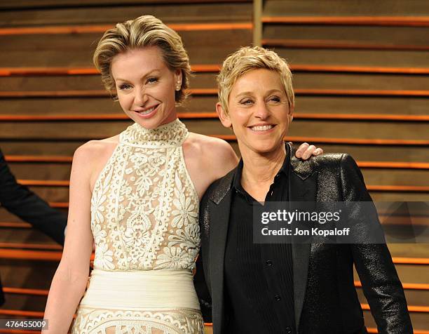 Portia de Rossi and Ellen DeGeneres attend the 2014 Vanity Fair Oscar Party hosted by Graydon Carter on March 2, 2014 in West Hollywood, California.