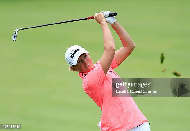 Stacy Lewis of the USA in action during the pro-am as a preview for the 2015 KPMG Women's PGA Championship on the West Course at Westchester Country...