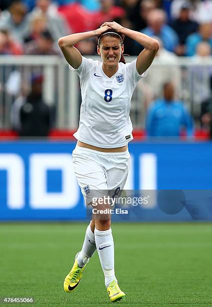 Jill Scott of England reacts in the second half against France during the FIFA Women's World Cup 2015 Group F match at Moncton Stadium on June 9,...