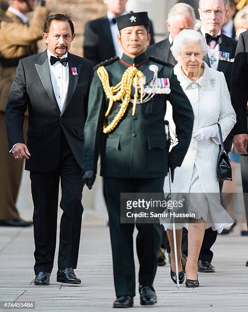 Queen Elizabeth II and The Sultan of Brunei attend the Gurkha 200 pageant at Royal Hospital Chelsea on June 9, 2015 in London, England.