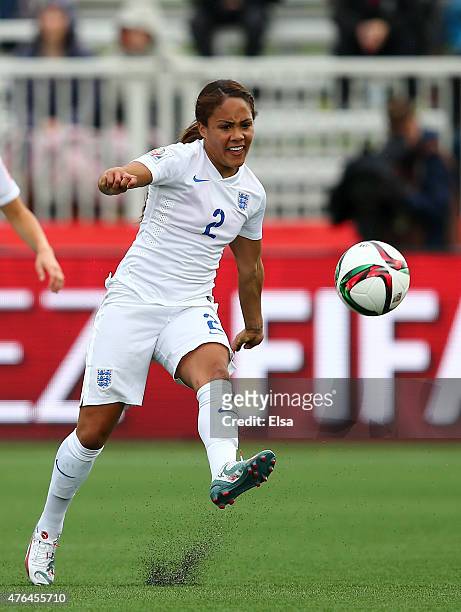 Alex Scott of England passes the ball in the second half against France during the FIFA Women's World Cup 2015 Group F match at Moncton Stadium on...