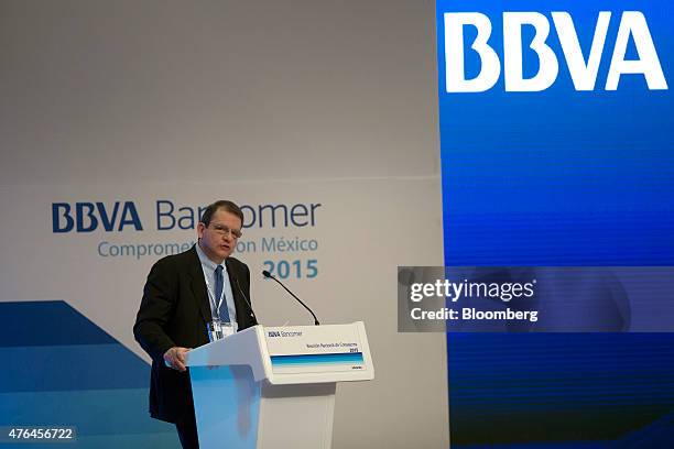 Manuel Ramos Francia, deputy governor of Banco de Mexico, speaks at the BBVA Bancomer national board meeting in Mexico City, Mexico, on Tuesday, June...