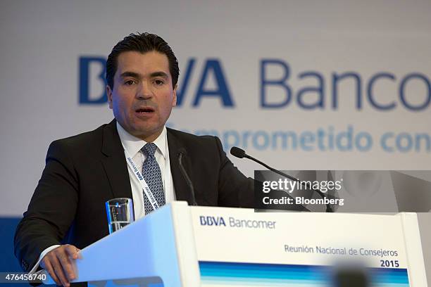 Eduardo Osuna, the incoming chief executive officer of BBVA Bancomer, speaks at the BBVA Bancomer national board meeting in Mexico City, Mexico, on...