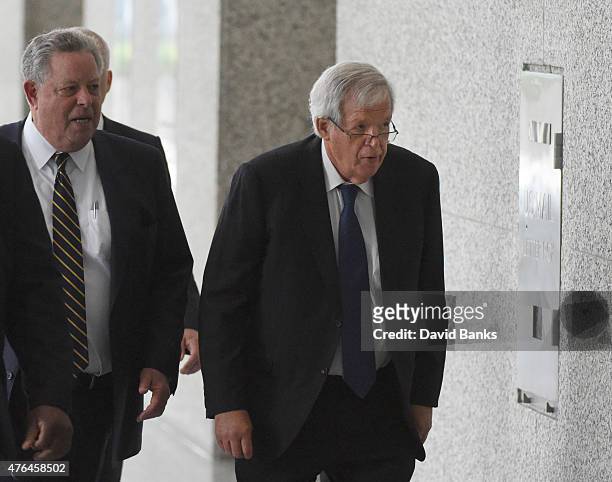 Former Republican Speaker of the House Dennis Hastert leaves his arraignment with his attorney Thomas Green at the Dirksen Federal Courthouse on June...