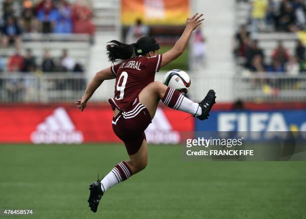 Mexico's forward Charlyn Corral controls the ball during a Group F match at the 2015 FIFA Women's World Cup between Colombia and Mexico at Moncton...