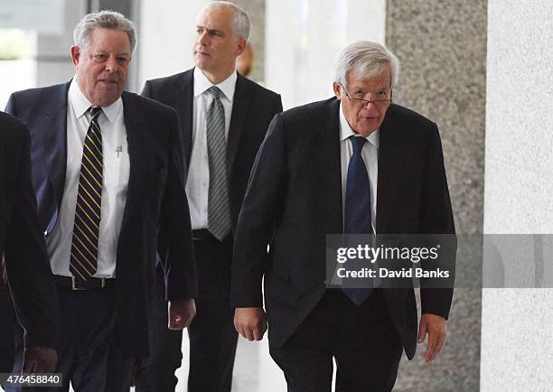 Former Republican Speaker of the House Dennis Hastert leaves his arraignment with his attorneys Thomas Green and John Gallo at the Dirksen Federal...