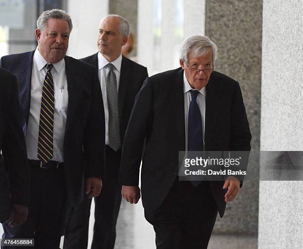 Former Republican Speaker of the House Dennis Hastert leaves his arraignment with his attorney's Thomas Green and John Gallo at the Dirksen Federal...