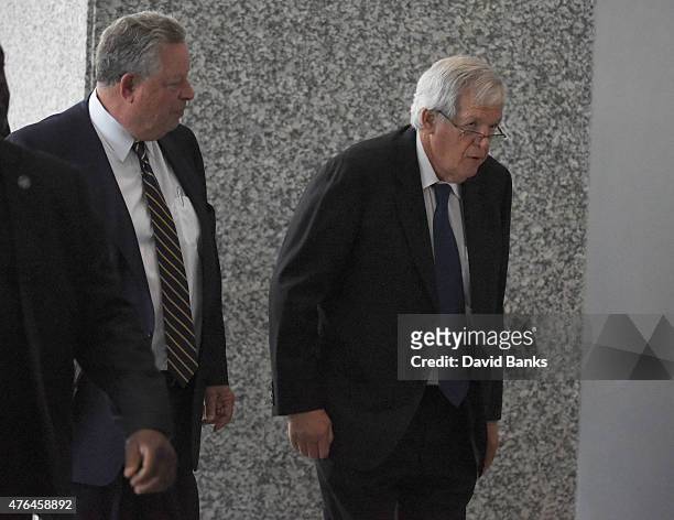 Former Republican Speaker of the House Dennis Hastert leaves his arraignment with his attorney Thomas Green at the Dirksen Federal Courthouse on June...