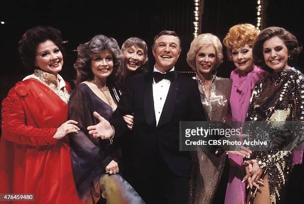 Dancer Gene Kelly appears with actresses Kathryn Grayson, Gloria DeHaven, Betty Garrett, Janet Leigh, Lucille Ball, and Cyd Charisse for the CBS...