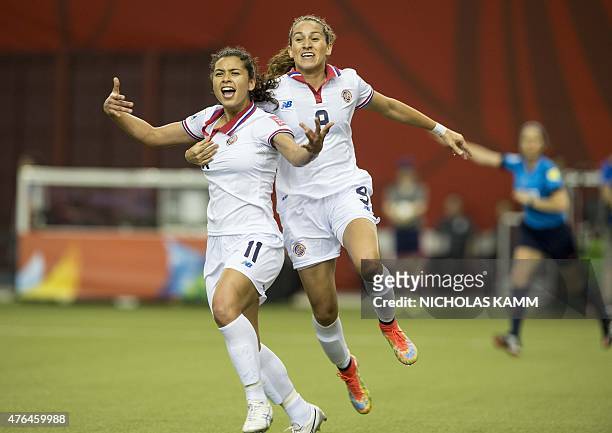Costa Rica's Raquel Rodriguez celebrates scoring against Spain with Carolina Venegas during a Group E match at the 2015 FIFA Women's World Cup at the...