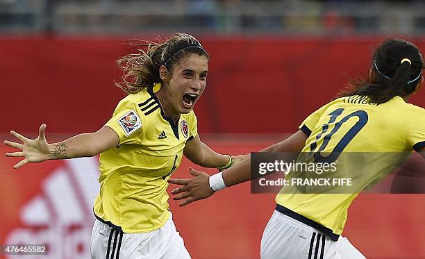 Colombia's midfielder Daniela Montoya celebrates her goal during a Group F match at the 2015 FIFA Women's World Cup between Colombia and Mexico at...