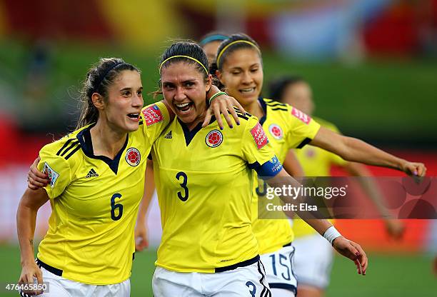 Daniela Montoya of Colombia celebrates her goal with teamamte Natalia Gaitan in the second half against Mexico during the FIFA Women's World Cup 2015...