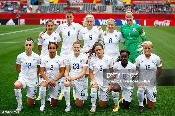 The England team pose prior to the FIFA Women's World Cup 2015 Group F match between France and England at the Moncton Stadium on June 9, 2015 in...