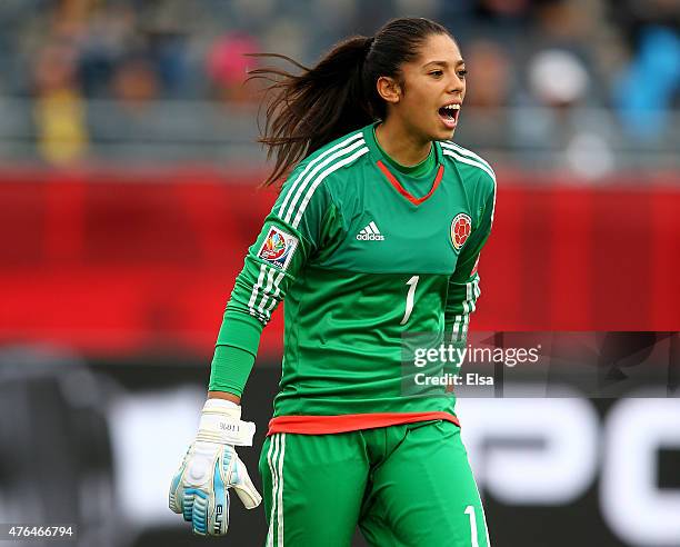 Stefany Castano of Colombia directs her teammates in the first half against Mexico during the FIFA Women's World Cup 2015 Group F match at Moncton...