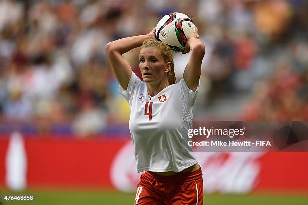 Rachel Rinast of Switzerland takes a throw in during the FIFA Women's World Cup 2015 Group C match between Japan and Switzerland at BC Place Stadium...