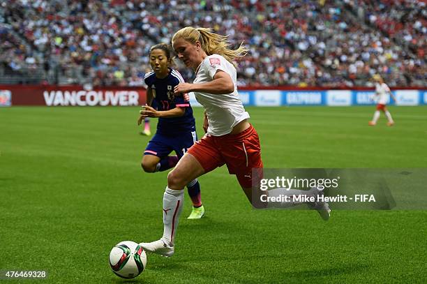 Rachel Rinast of Switzerland in action during the FIFA Women's World Cup 2015 Group C match between Japan and Switzerland at BC Place Stadium on June...