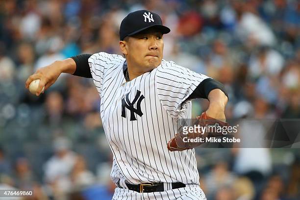 Masahiro Tanaka of the New York Yankees pitches in the first inning against the Washington Nationals at Yankee Stadium on June 9, 2015 in the Bronx...