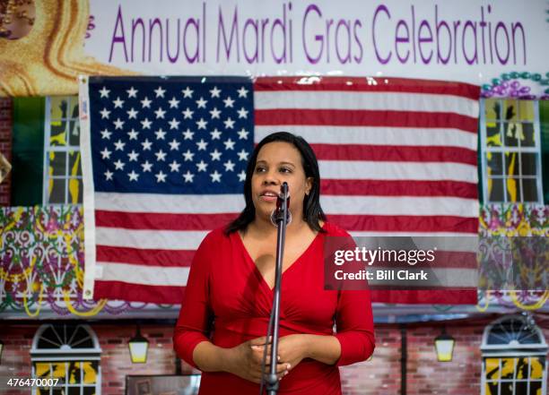 State Democratic Party Chair and state delegate Charniele Herring speaks during the Mount Vernon District Democratic Committee's annual Mardi Gras...