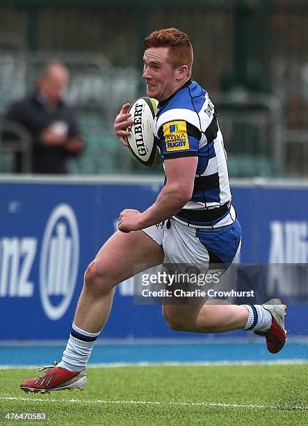 Rory Jennings of Bath attacks during the The U18 Academy Finals Day match between Bath and Gloucester at Allianz Park on February 17, 2014 in Barnet,...