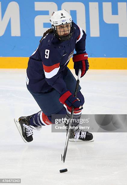 Megan Bozek of USA in action during the Women's Ice Hockey Playoffs Semifinal game between United States and Sweden on day ten of the Sochi 2014...