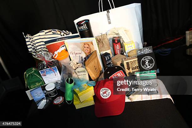 View of the gift bags at the 2015 CMT Music Awards Press Preview Day at Bridgestone Arena on June 9, 2015 in Nashville, Tennessee.