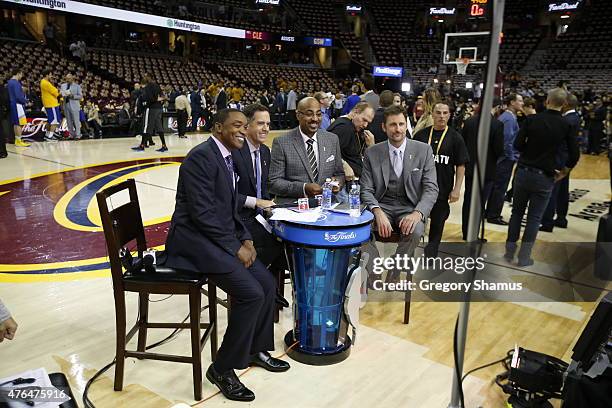 The NBATV broadcast crew of Isiah Thomas, Matt Winer, Dennis Scott and Brent Barry before Game Three of the 2015 NBA Finals between the Golden State...