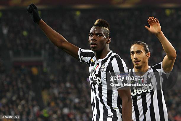 Paul Pogba of Juventus FC celebrates his goal during the UEFA Europa League Round of 32 match between Juventus and AS Trabzonspor at Juventus Arena...