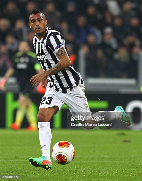 Arturo Vidal of Juventus FC in action during the UEFA Europa League Round of 32 match between Juventus and AS Trabzonspor at Juventus Arena on...