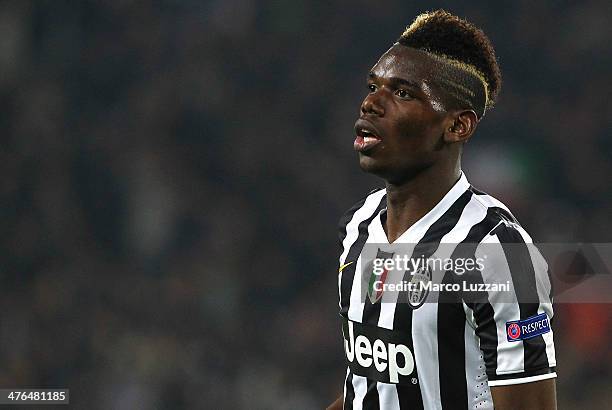 Paul Pogba of Juventus FC celebrates his goal during the UEFA Europa League Round of 32 match between Juventus and AS Trabzonspor at Juventus Arena...